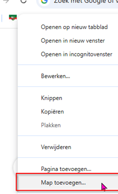 Screenshot van het snelmenu in de browser wanneer je met de rechtermuisknop op een bladwijzer klikt