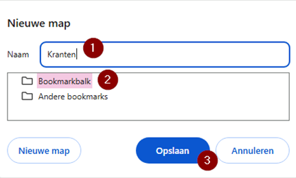 Screenshot van het venster waarin je een nieuwe bladwijzermap een naam geeft