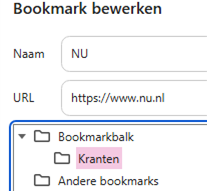Screenshot van het bewerkingsvenster voor bladwijzers in de browser