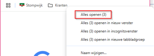 Screenshot van het snelmenu van een bladwijzermap met de optie Alles openen