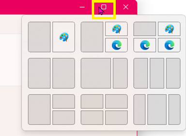 Skjermbilde av Snap‑oppsett i Windows når du holder musepekeren over maksimeringsknappen
