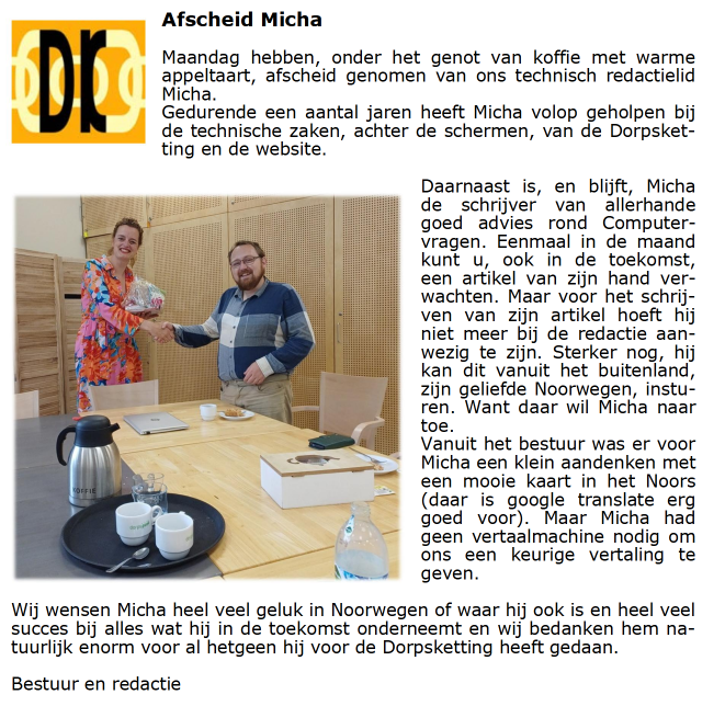 Afscheidscadeau met een Noors kaartje dat verwijst naar de nieuwe richting van Micha