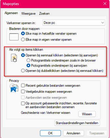 Windows Mappealternativer-meny for innstilling av enkeltklikk