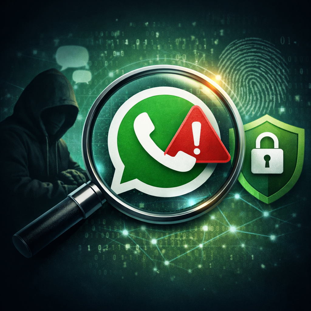 Digitale illustratie over WhatsApp‑privacy en beveiligingswaarschuwingen.