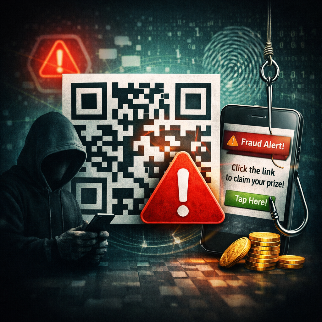 Digitale illustratie over QR‑oplichting en waarschuwingen voor frauduleuze QR‑codes.