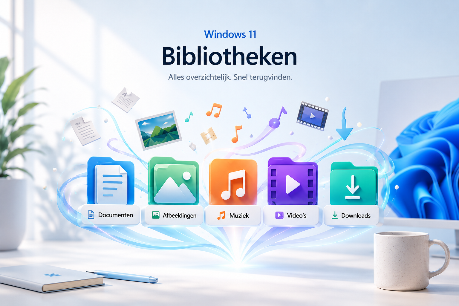Fargerike ikoner for Windows 11-biblioteker på et skrivebord