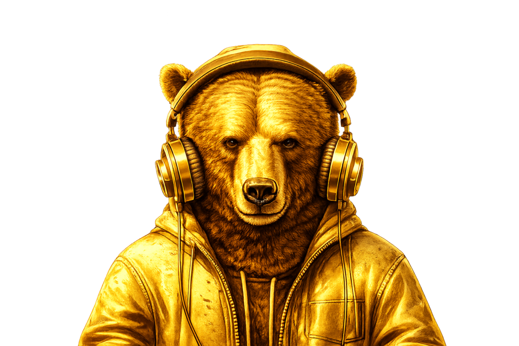 Golden logo featuring a bear wearing headphones