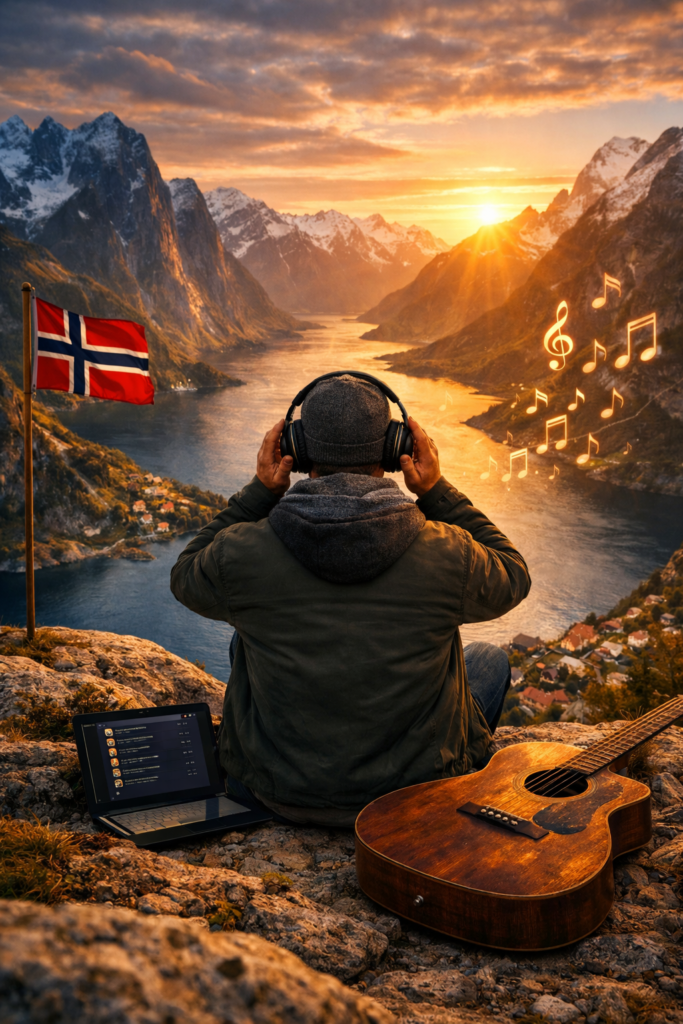 En mann med hodetelefoner skuer utover en norsk fjord i solnedgang, med svevende musikknoter og en gitar.