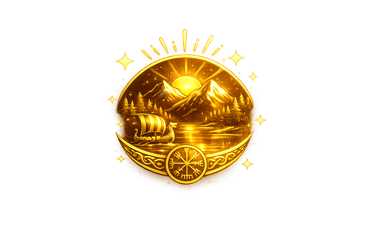 Golden Viking ship icon with fjords and Vegvisir compass