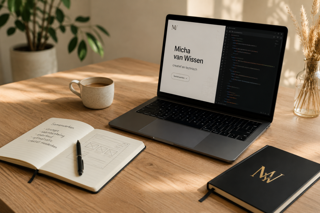 An organized wooden desk with a laptop, an open notebook, and a coffee mug for collaboration.