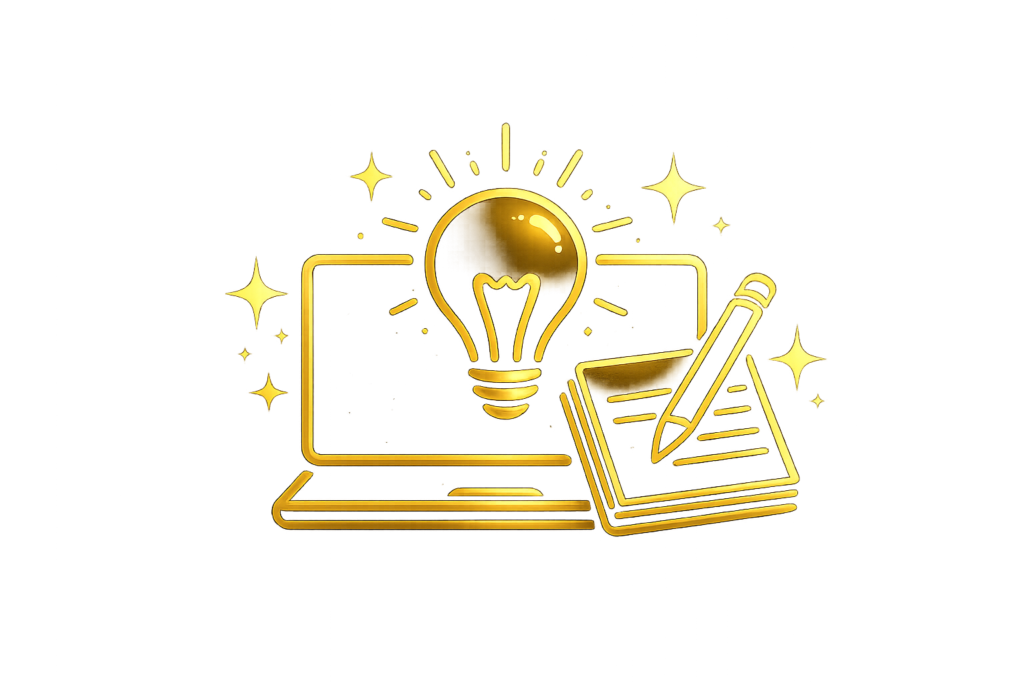 Golden IT icon with a laptop, glowing lightbulb, and notepad
