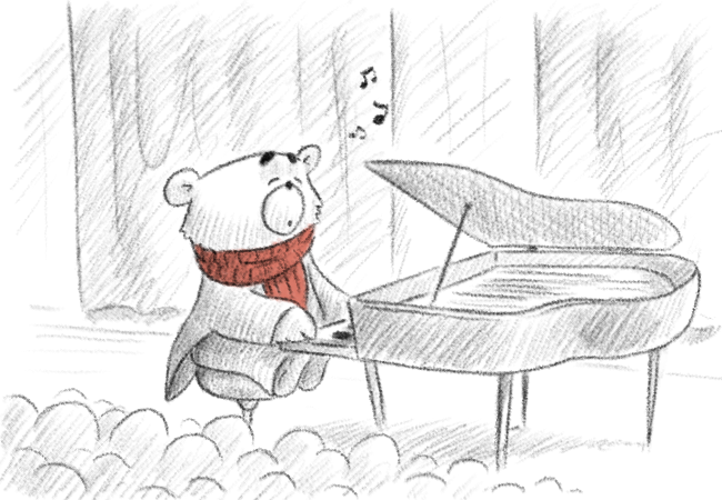 Björn som spelar piano på scen.