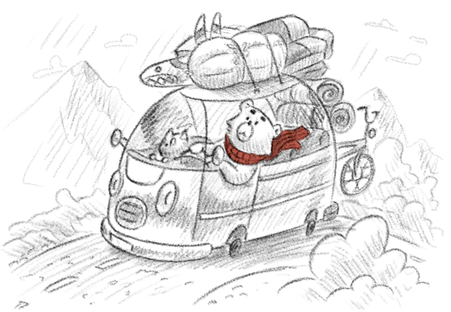 Ours et chat en voyage dans un van.