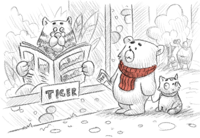 Ours et chat devant un enclos de tigre.