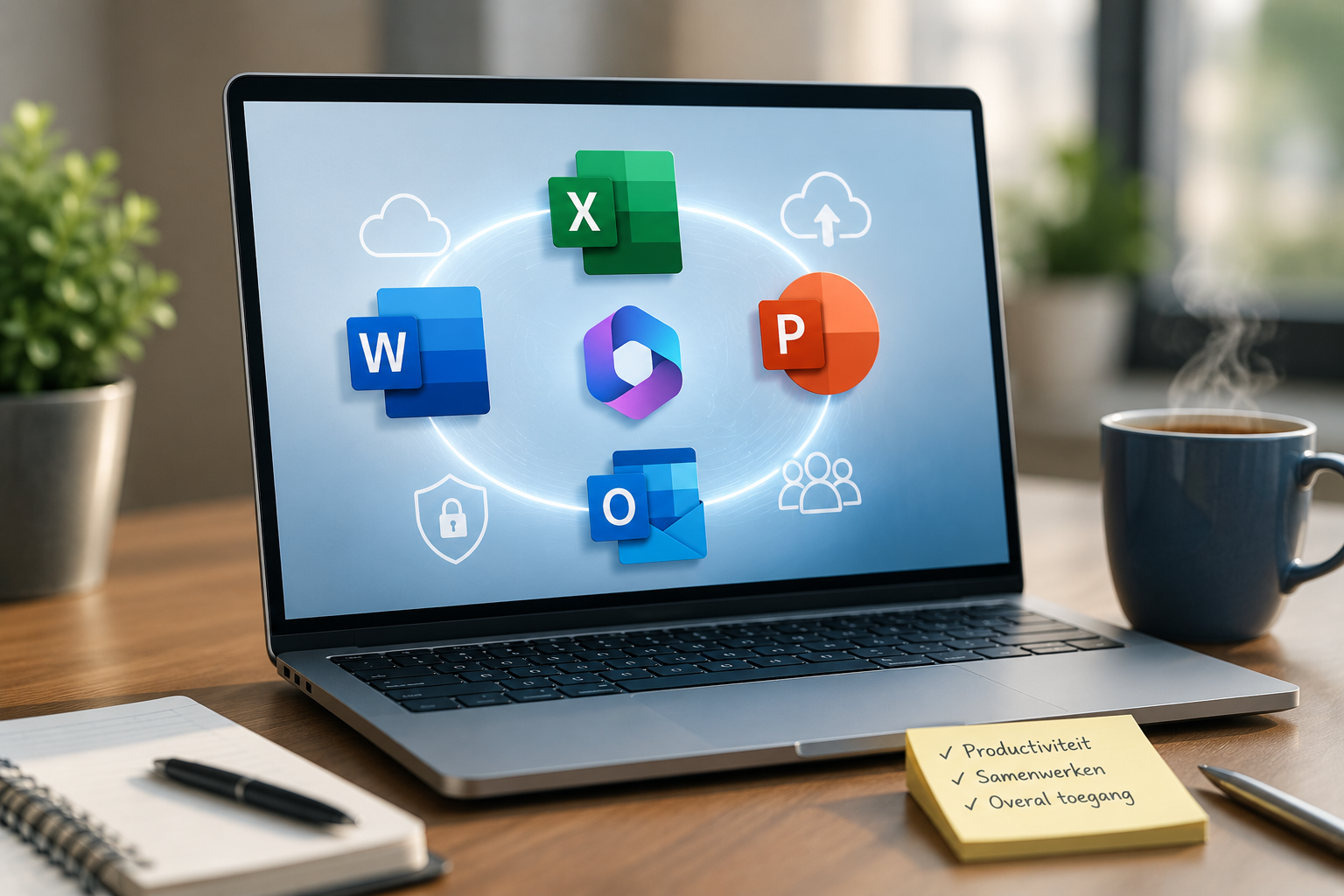 Bærbar datamaskin på et skrivebord med ikoner for Word, Excel, PowerPoint og Outlook på skjermen