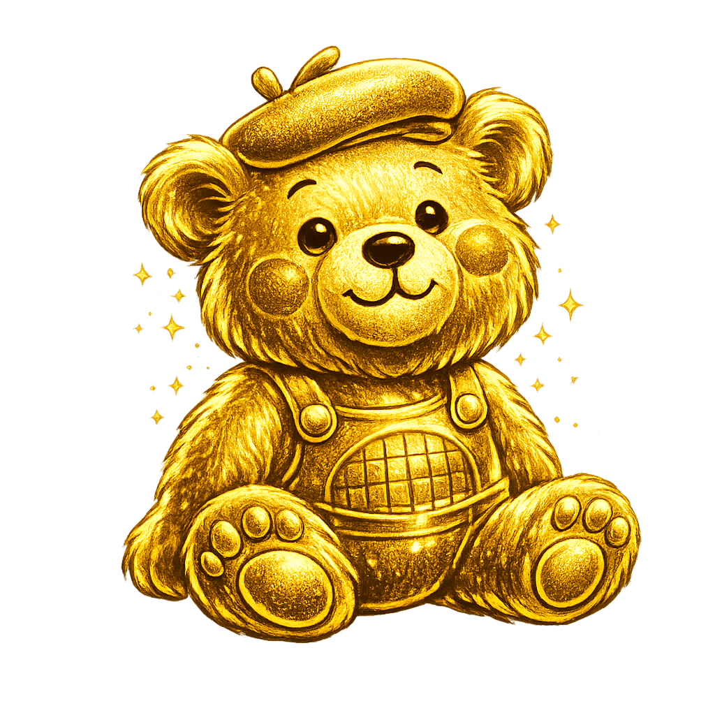 Gouden illustratie van ours Bamse met baret en tuinbroek.