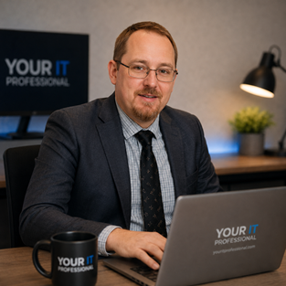 Portrait of Micha van Wissen in a suit with glasses, sitting and working in front of his laptop.