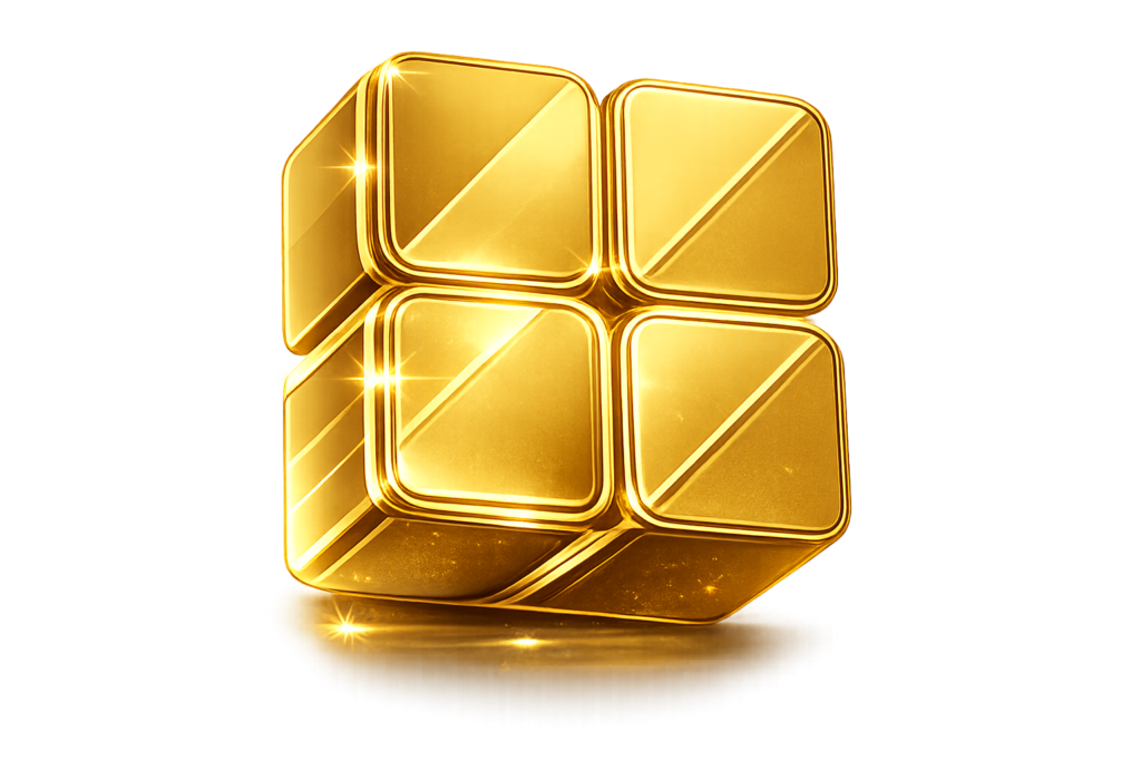 Golden 3D icon made of four shiny cubes