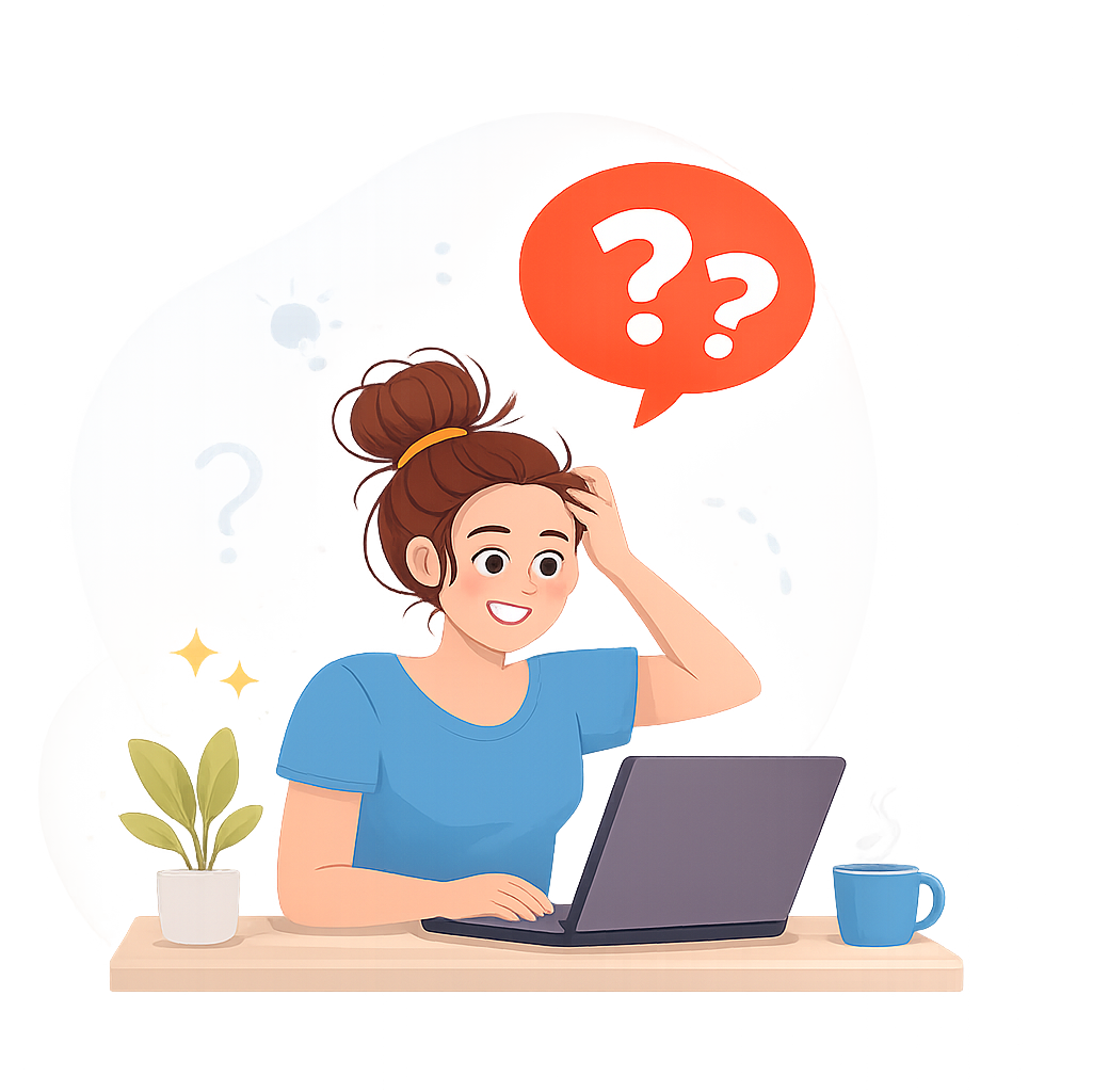 Een geïllustreerde vrouw kijkt verward naar haar laptop met vraagtekens boven haar hoofd.